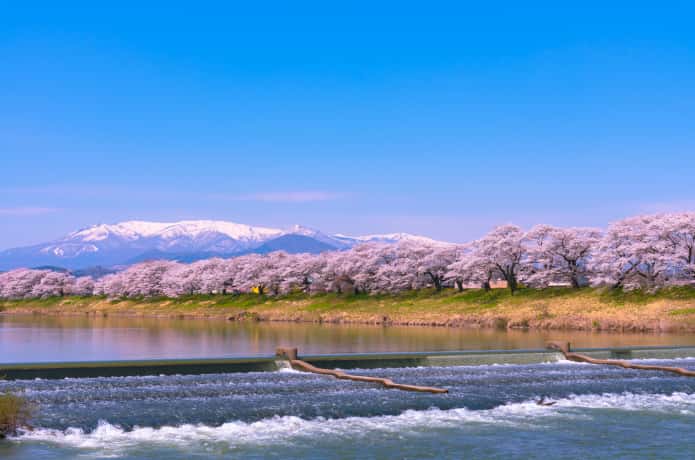 白石川　韮神堰と蔵王連峰